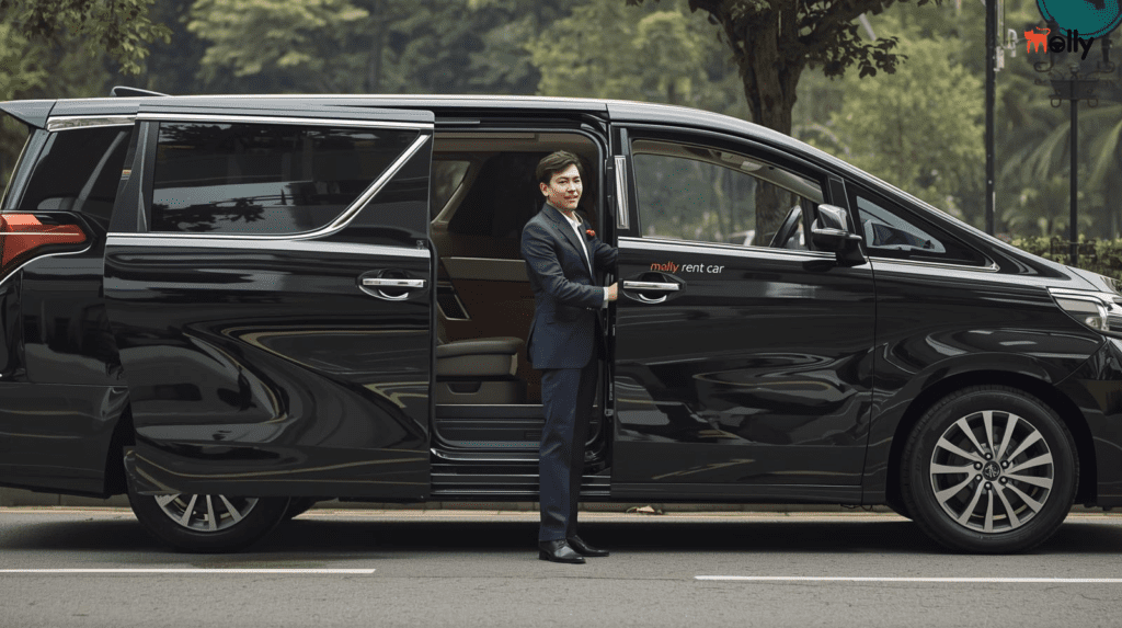 Supir Profesional Molly Rent Car Membukakan Pintu Unit Alphard Surabaya