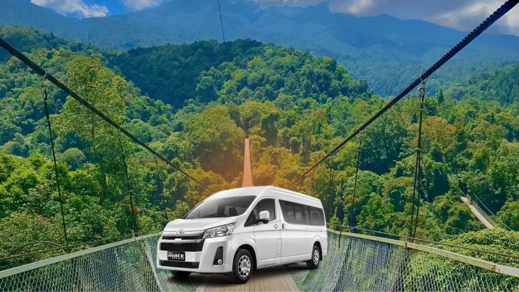 Paket Wisata VVIP Sukabumi menggunakan Hiace Premio untuk kunjungan ke Jembatan Gantung Situgunung